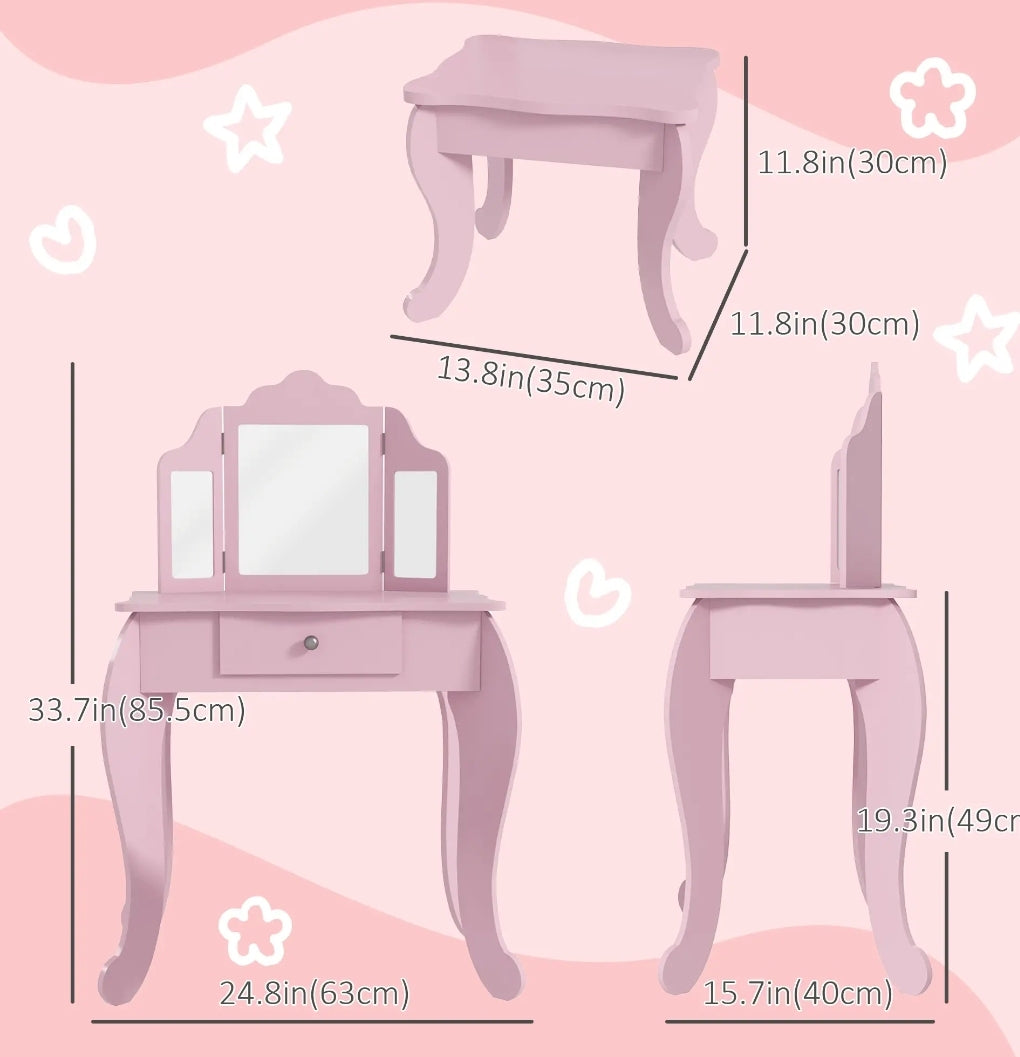 Kids Vanity Table and Stool, Girls Dressing Table Set with Tri-folding Mirrors Drawer Star and Heart Pattern, Pink