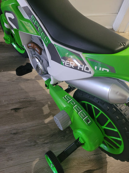 Kids robust green bike battery-powered ride-on electric Motorcycle with Charging 12V Battery, Training Wheels