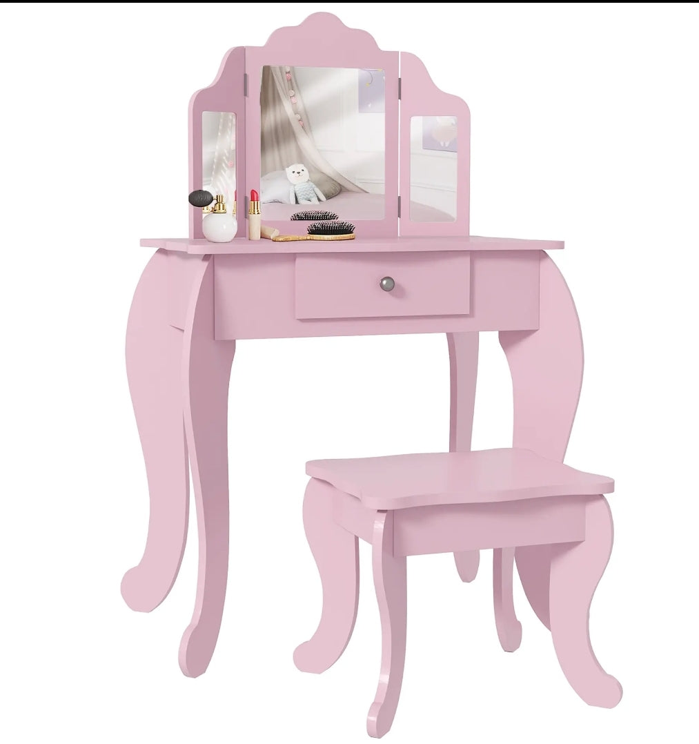 Kids Vanity Table and Stool, Girls Dressing Table Set with Tri-folding Mirrors Drawer Star and Heart Pattern, Pink
