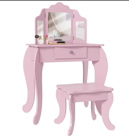 Kids Vanity Table and Stool, Girls Dressing Table Set with Tri-folding Mirrors Drawer Star and Heart Pattern, Pink