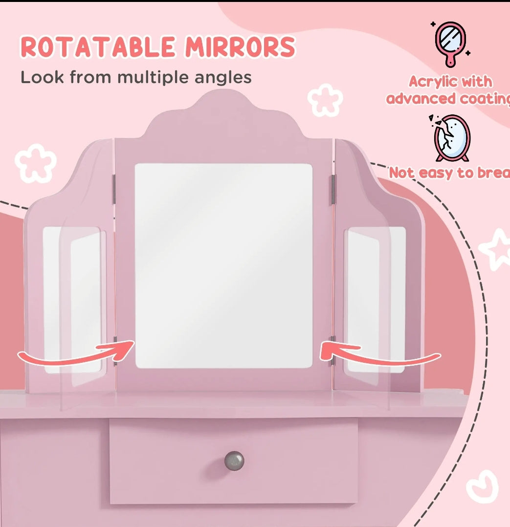 Kids Vanity Table and Stool, Girls Dressing Table Set with Tri-folding Mirrors Drawer Star and Heart Pattern, Pink