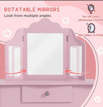 Kids Vanity Table and Stool, Girls Dressing Table Set with Tri-folding Mirrors Drawer Star and Heart Pattern, Pink