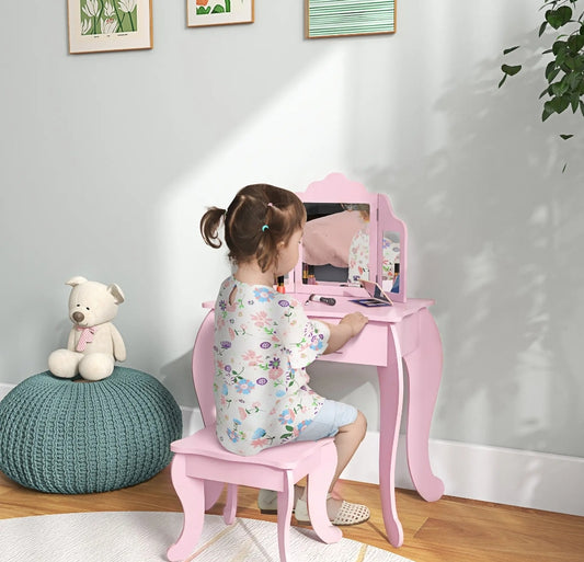 Kids Vanity Table and Stool, Girls Dressing Table Set with Tri-folding Mirrors Drawer Star and Heart Pattern, Pink