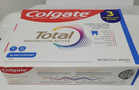 Dentifrice Colgate Total blanchissant en pack de 3 tubes de 120 ml