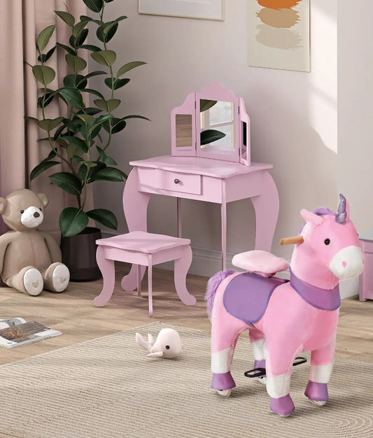 Kids Vanity Table and Stool, Girls Dressing Table Set with Tri-folding Mirrors Drawer Star and Heart Pattern, Pink
