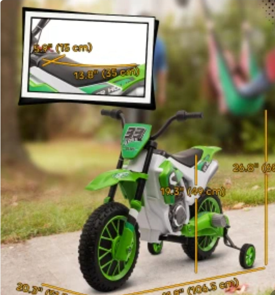 Kids robust green bike battery-powered ride-on electric Motorcycle with Charging 12V Battery, Training Wheels