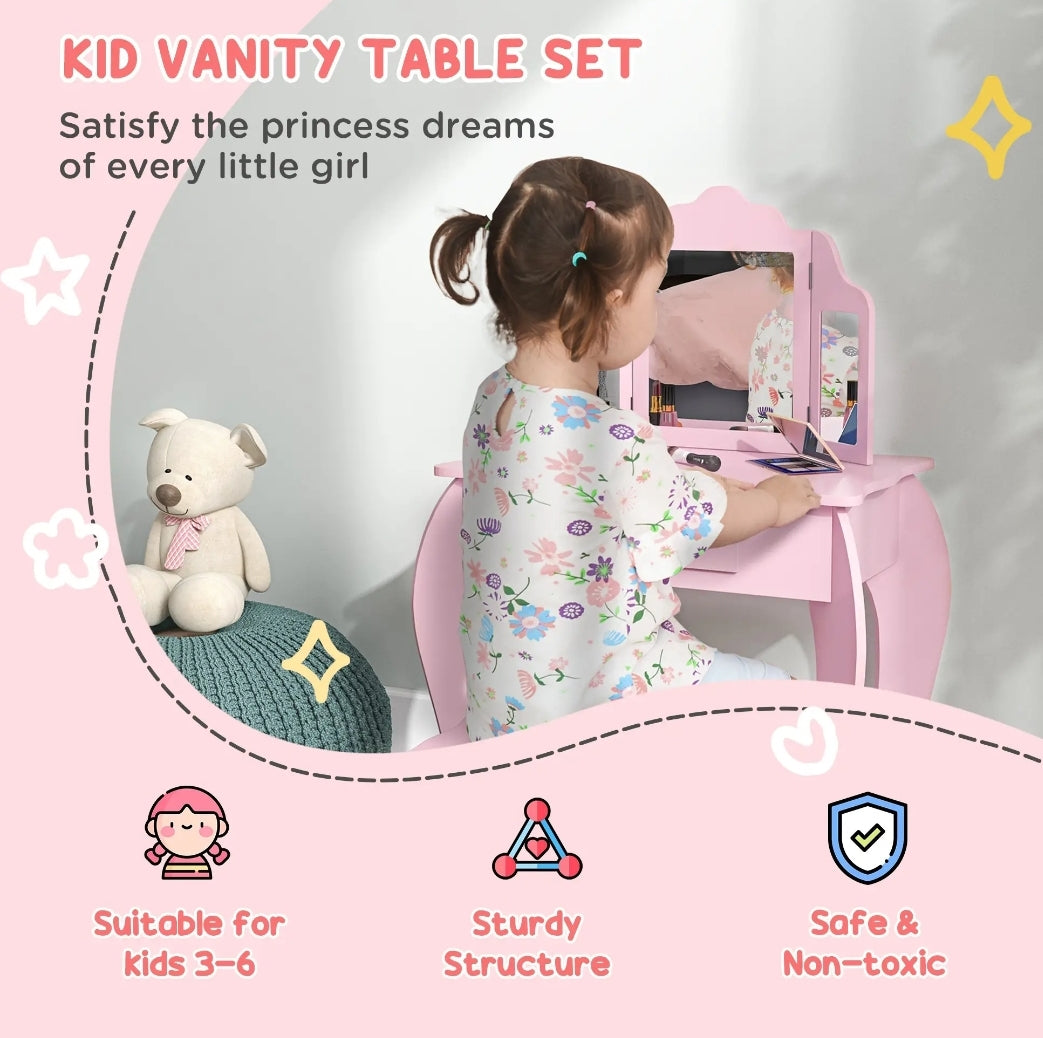 Kids Vanity Table and Stool, Girls Dressing Table Set with Tri-folding Mirrors Drawer Star and Heart Pattern, Pink