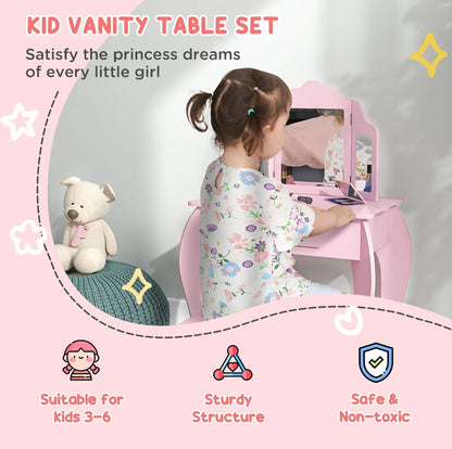 Kids Vanity Table and Stool, Girls Dressing Table Set with Tri-folding Mirrors Drawer Star and Heart Pattern, Pink