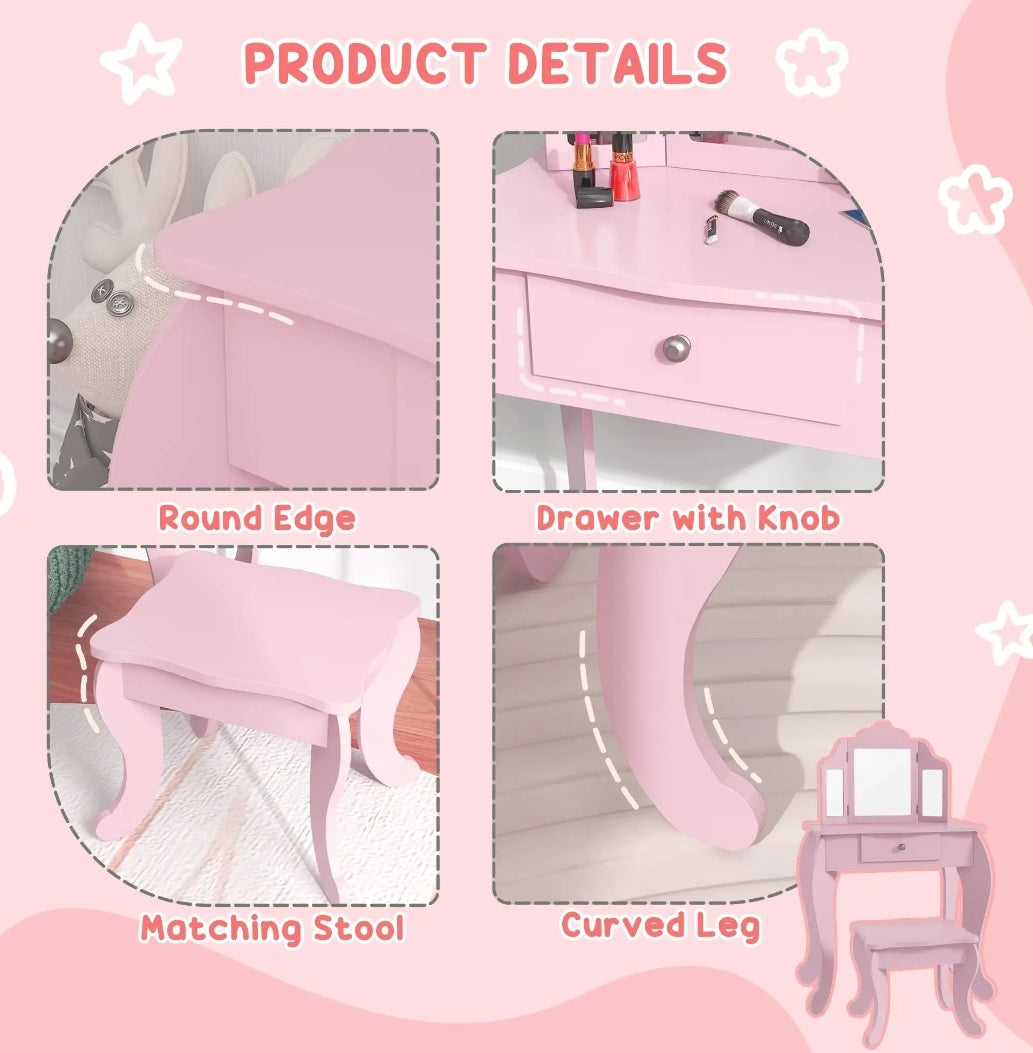 Kids Vanity Table and Stool, Girls Dressing Table Set with Tri-folding Mirrors Drawer Star and Heart Pattern, Pink