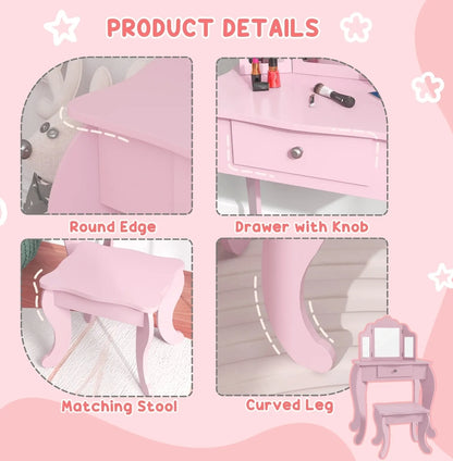 Kids Vanity Table and Stool, Girls Dressing Table Set with Tri-folding Mirrors Drawer Star and Heart Pattern, Pink